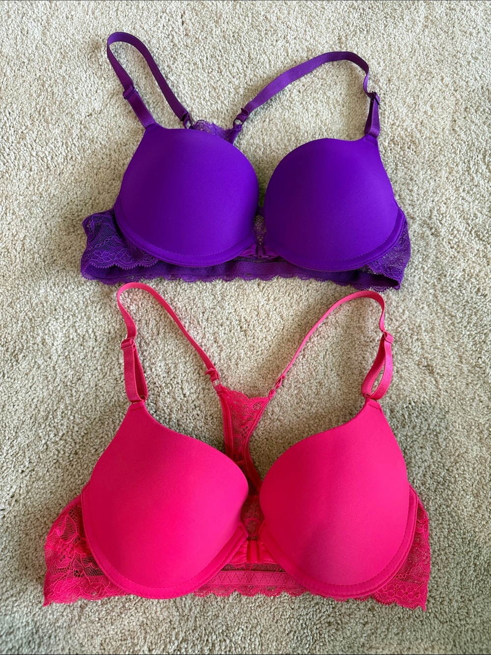 Women’s 32B Lace-Trim Push-Up Bra Set in Purple and Hot Pink NWOT